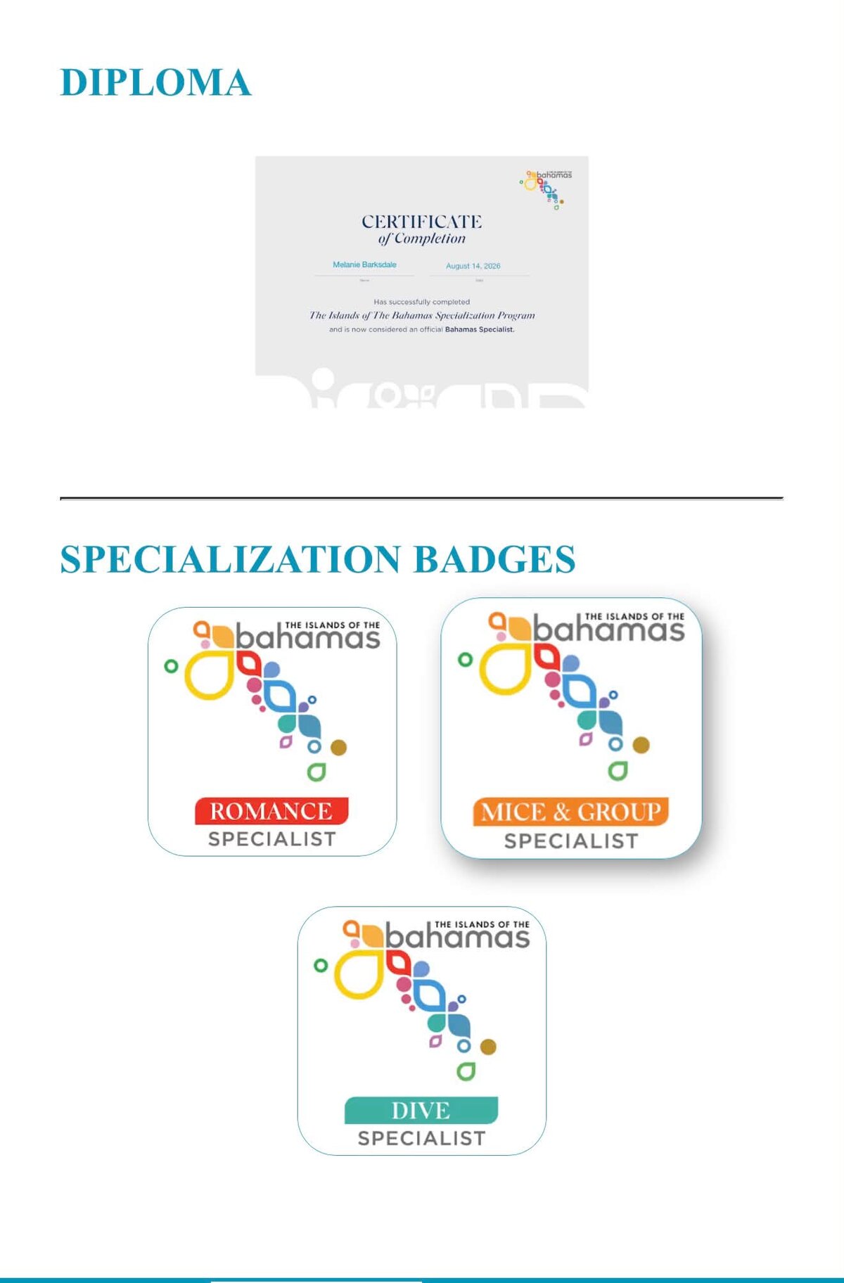 Melanie Barksdale's Bahamas Specialist certificate showing Romance, MICE and Group, and Dive specializations