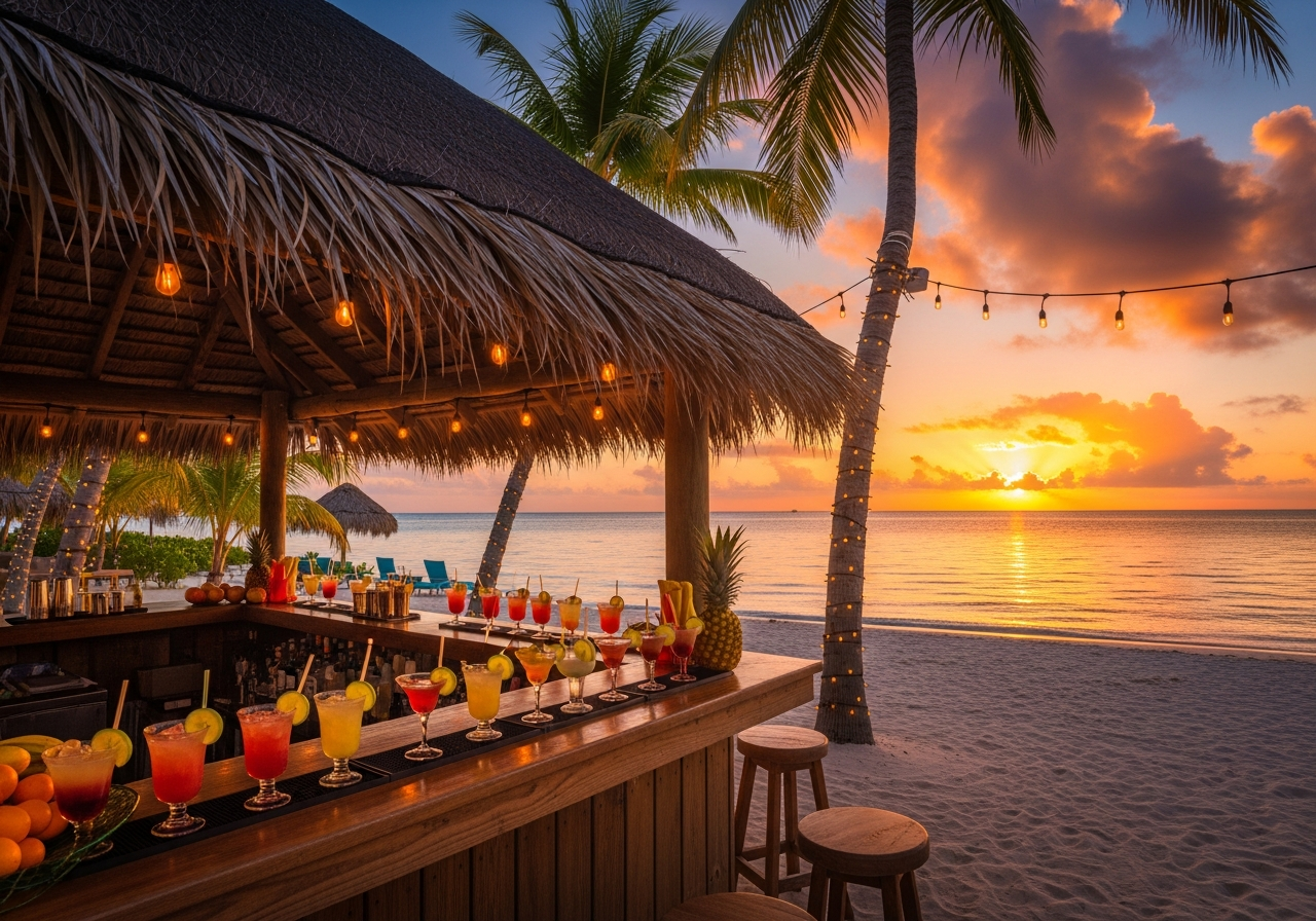 Beachside tiki bar at sunset in the Bahamas with tropical cocktails