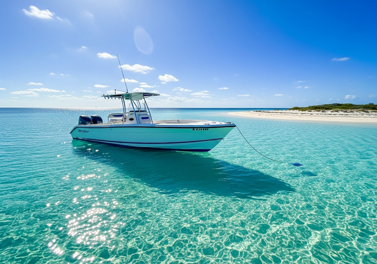 Center console powerboat anchored in clear turquoise water in the Exuma Cays