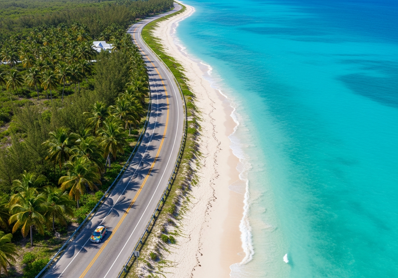 Coastal road along the ocean on Great Exuma in the Bahamas