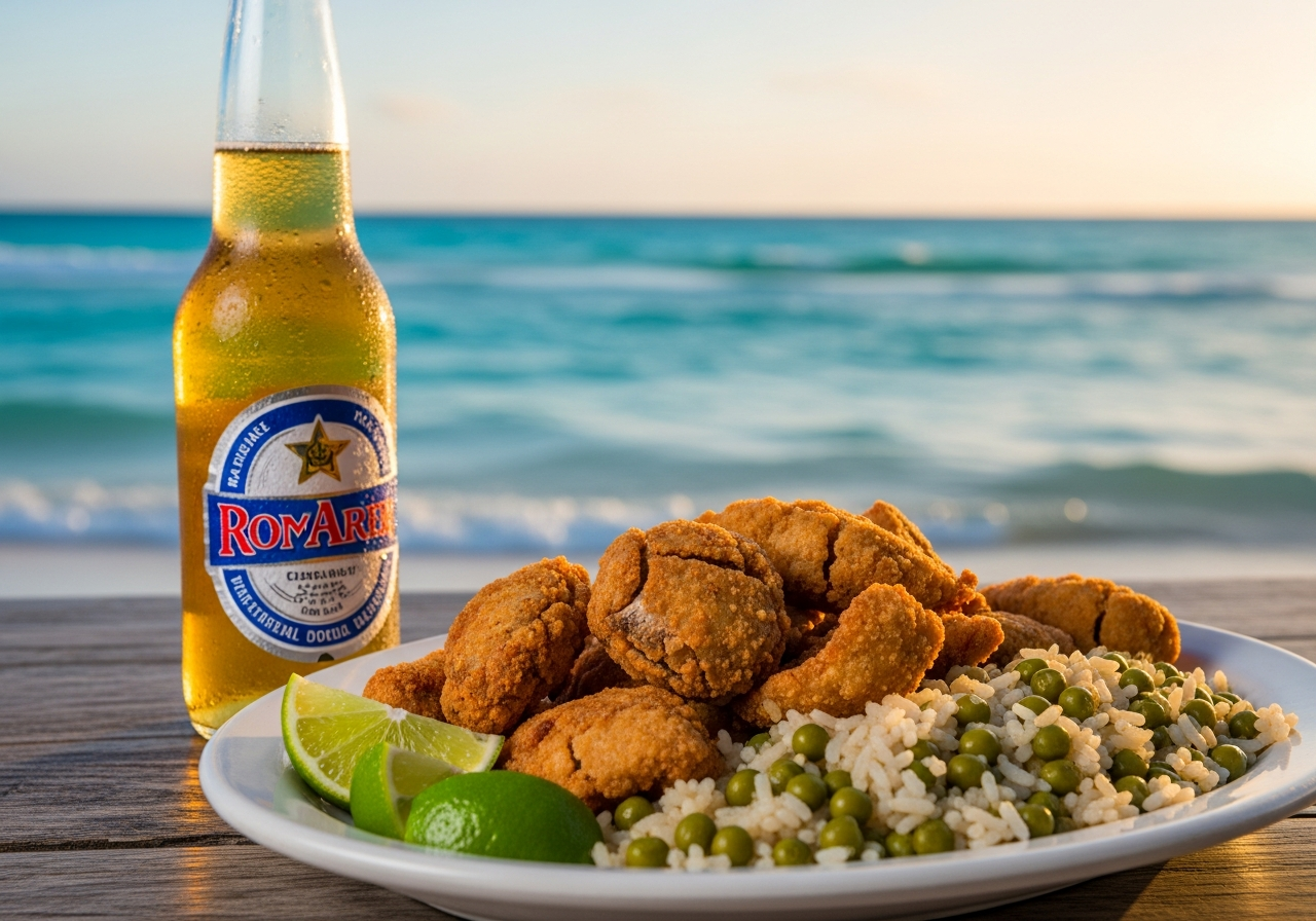 Bahamian cracked conch dish with peas and rice at an Exuma seafood restaurant