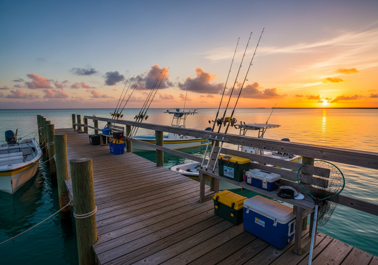 Fishing dock at sunrise in the Exuma, Bahamas