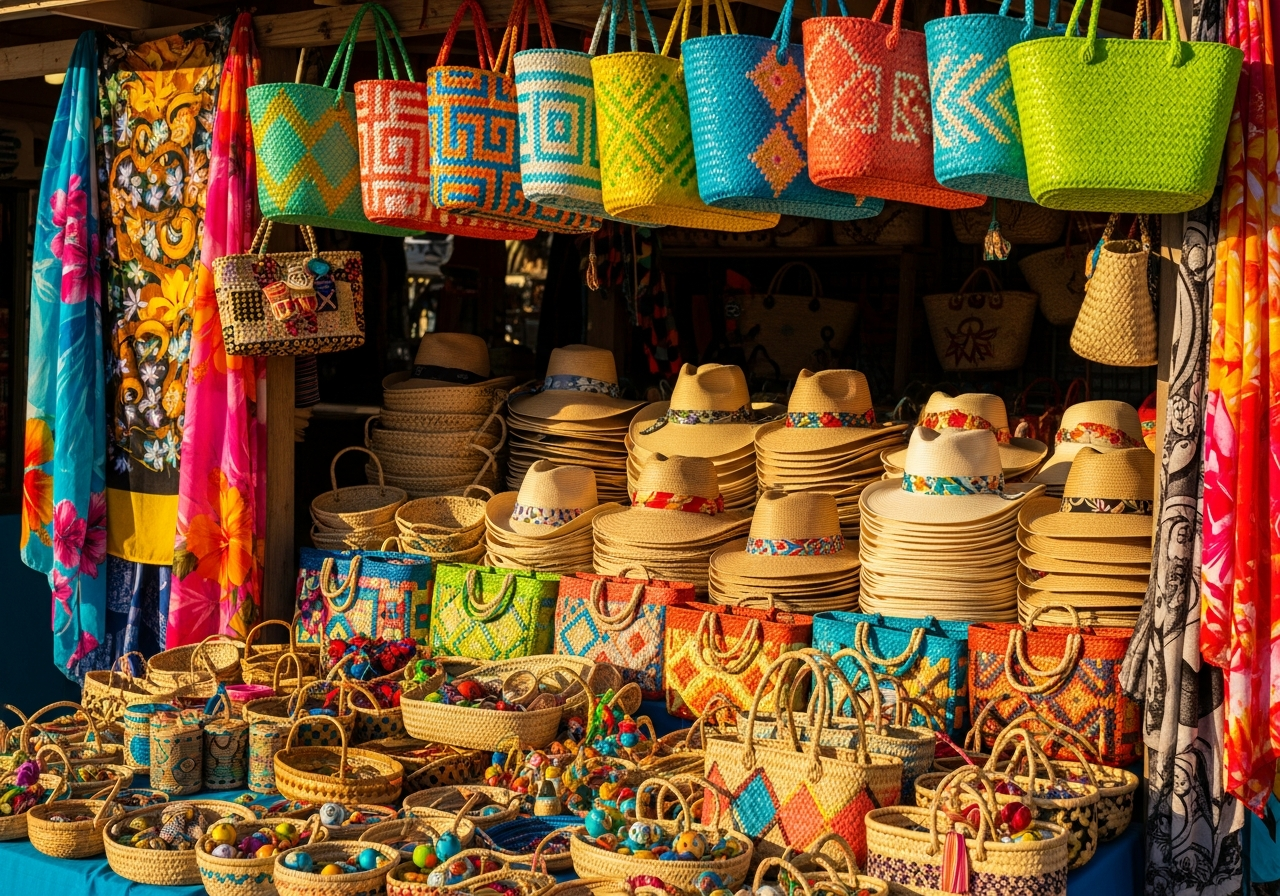 Bahamian straw market with handmade bags and souvenirs