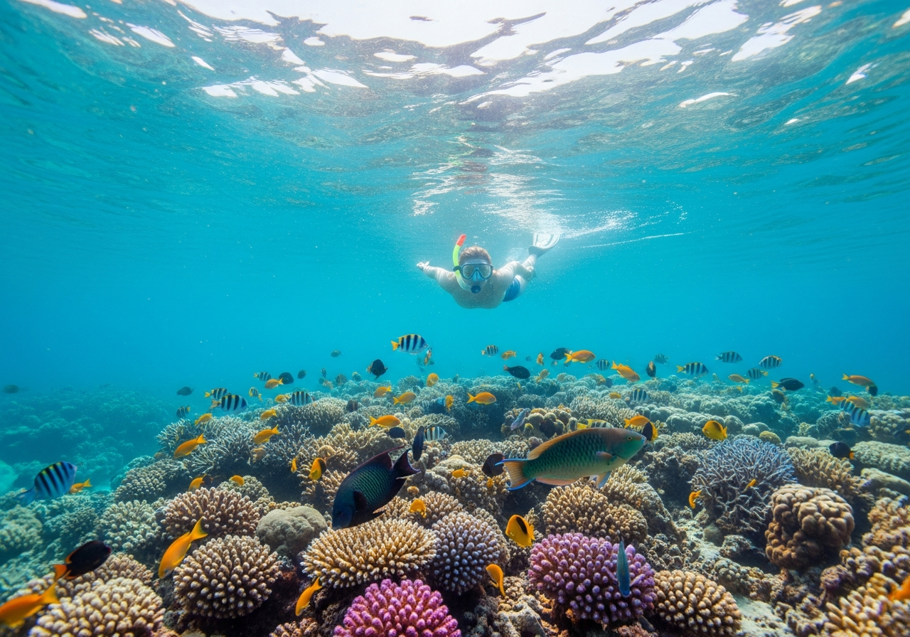 Snorkeling over a coral reef with tropical fish in the Exuma Cays, Bahamas