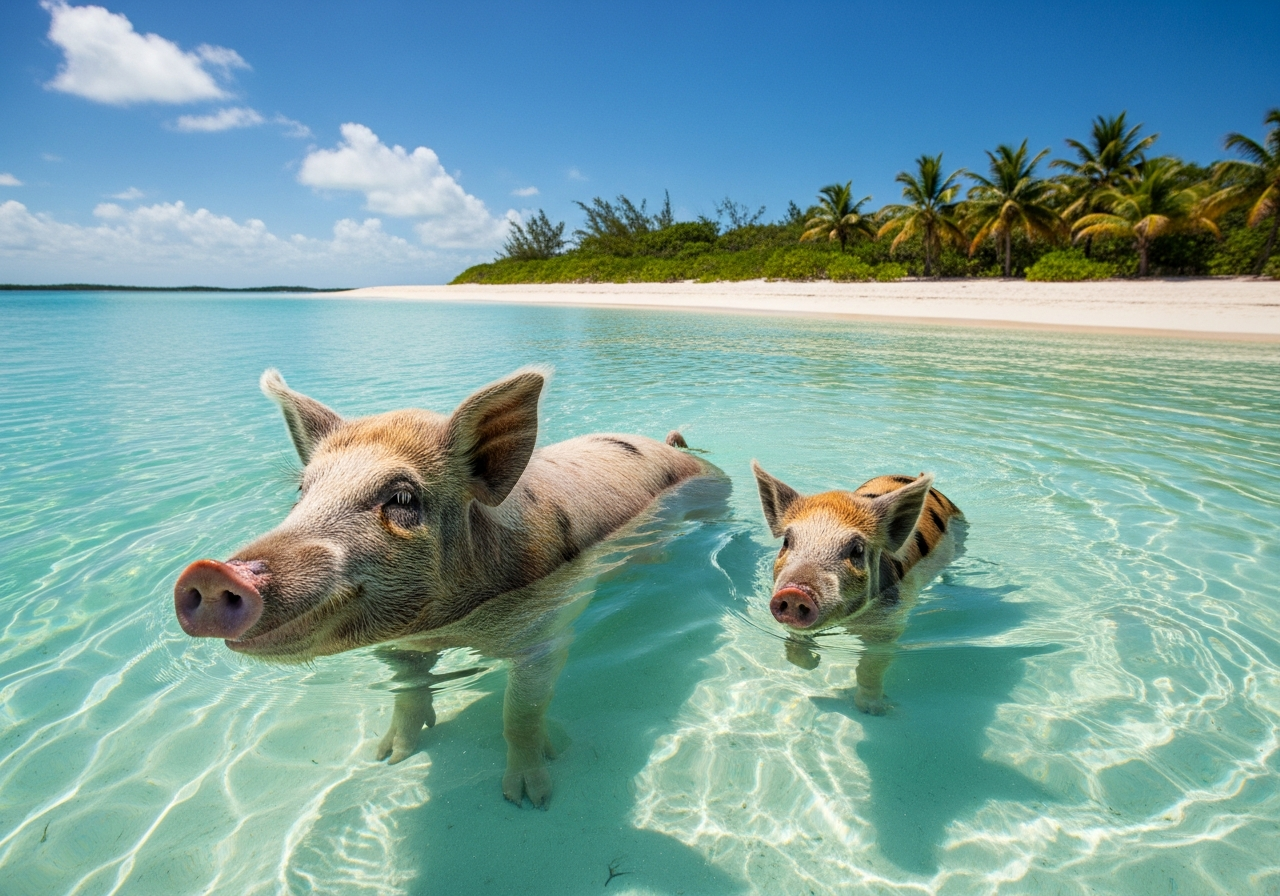 Famous swimming pigs of Big Major Cay in Exuma, Bahamas
