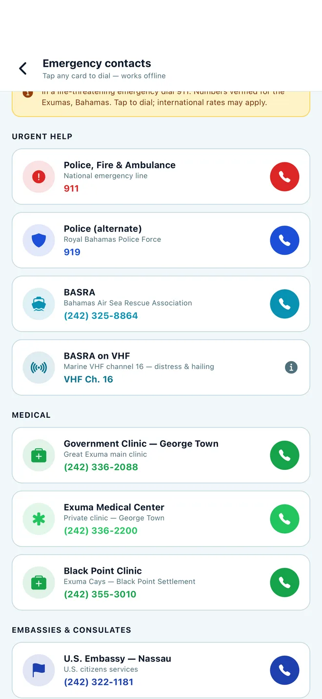 Exuma Secrets Emergency Contacts screen with offline phone numbers for police, clinics, sea rescue, and embassies