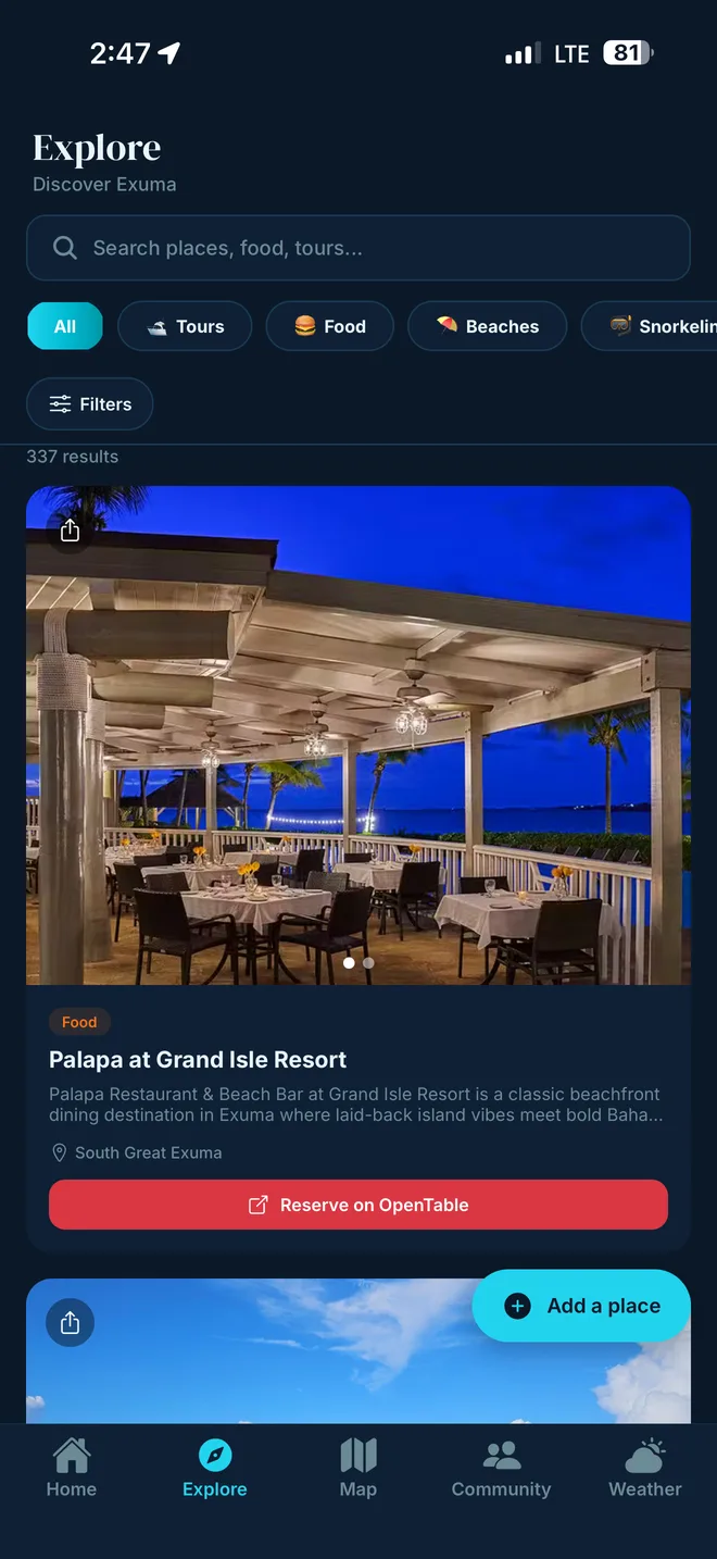 Exuma Secrets Explore screen showing a restaurant listing for Palapa at Grand Isle Resort with a reservation button