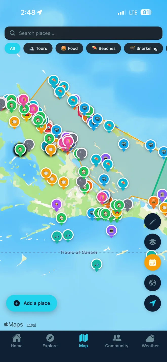 Exuma Secrets map screen showing dozens of color-coded places pinned across Great Exuma and the surrounding cays