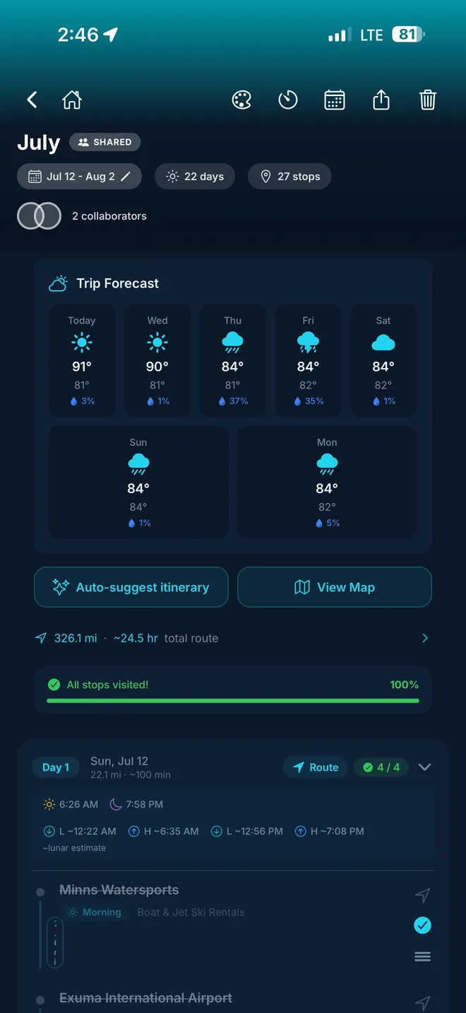 Exuma Secrets July trip planner showing a seven-day forecast, 27 stops, route details, and tide times