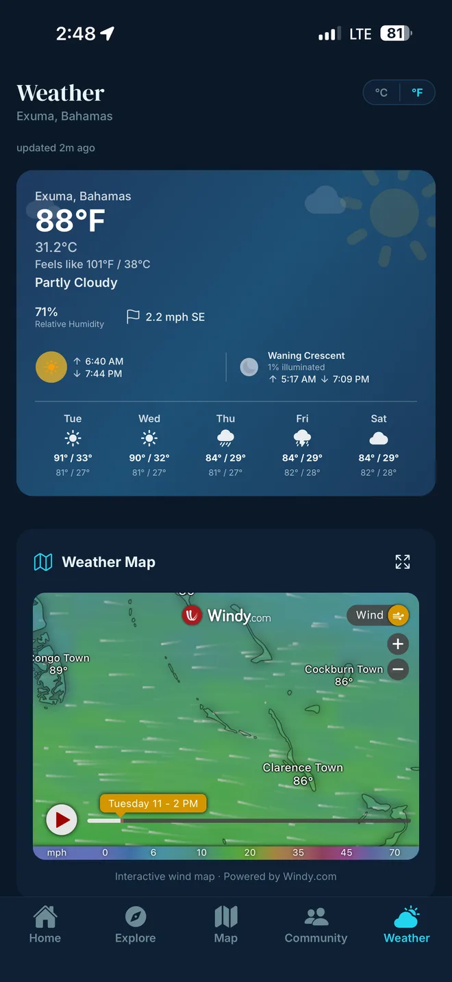Exuma Secrets Weather screen showing current Exuma conditions, forecast, and an interactive wind map